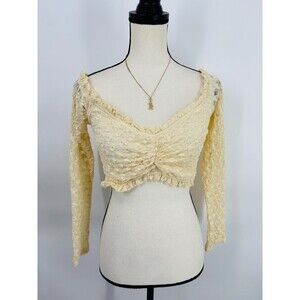 Privy NWT Yellow Cream Lace Off Shoulder Ruched Crop Top Blouse Long Sleeve M